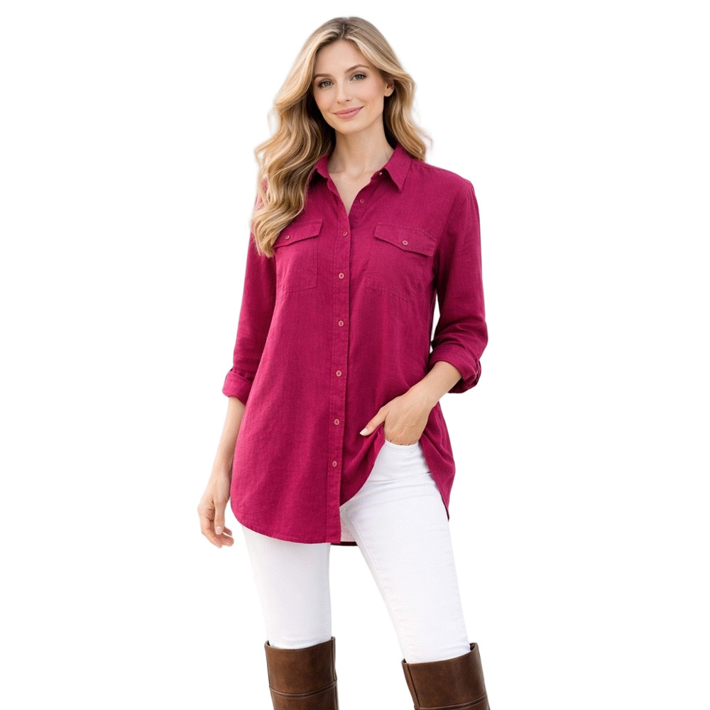 Lauren Ralph Lauren Linen Button Up Shirt Fuchsia Pink Roll Tab Top M